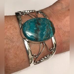 Chrysocolla Stamped Solid 925 Sterling Silver Cuff Bracelet